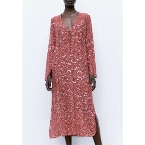 Zara Beaded Sequin Printed Midi Dress Womens XS Pink Deep V-Neck Kaftan
